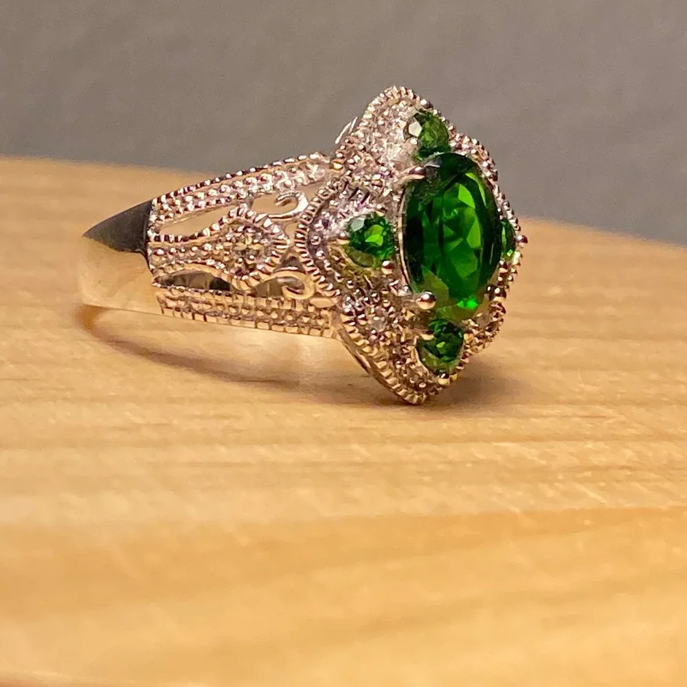 Chrome Diopside & White Topaz Sterling Silver Ring Womens Sz 10 2.65ctw Green‎